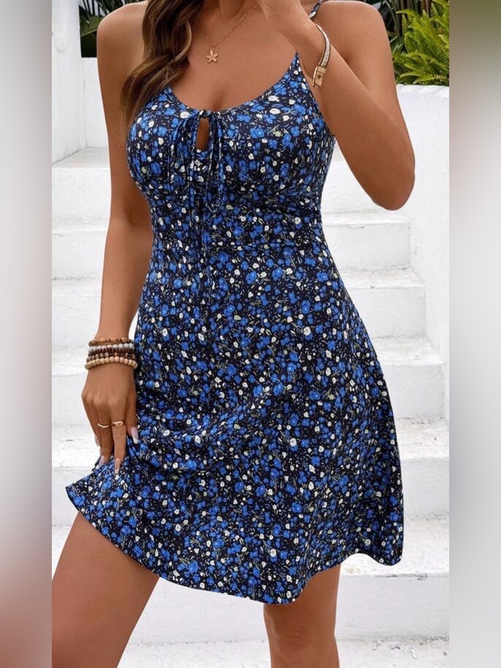 Sleeveless Blue Floral Tie-Front Summer Dress